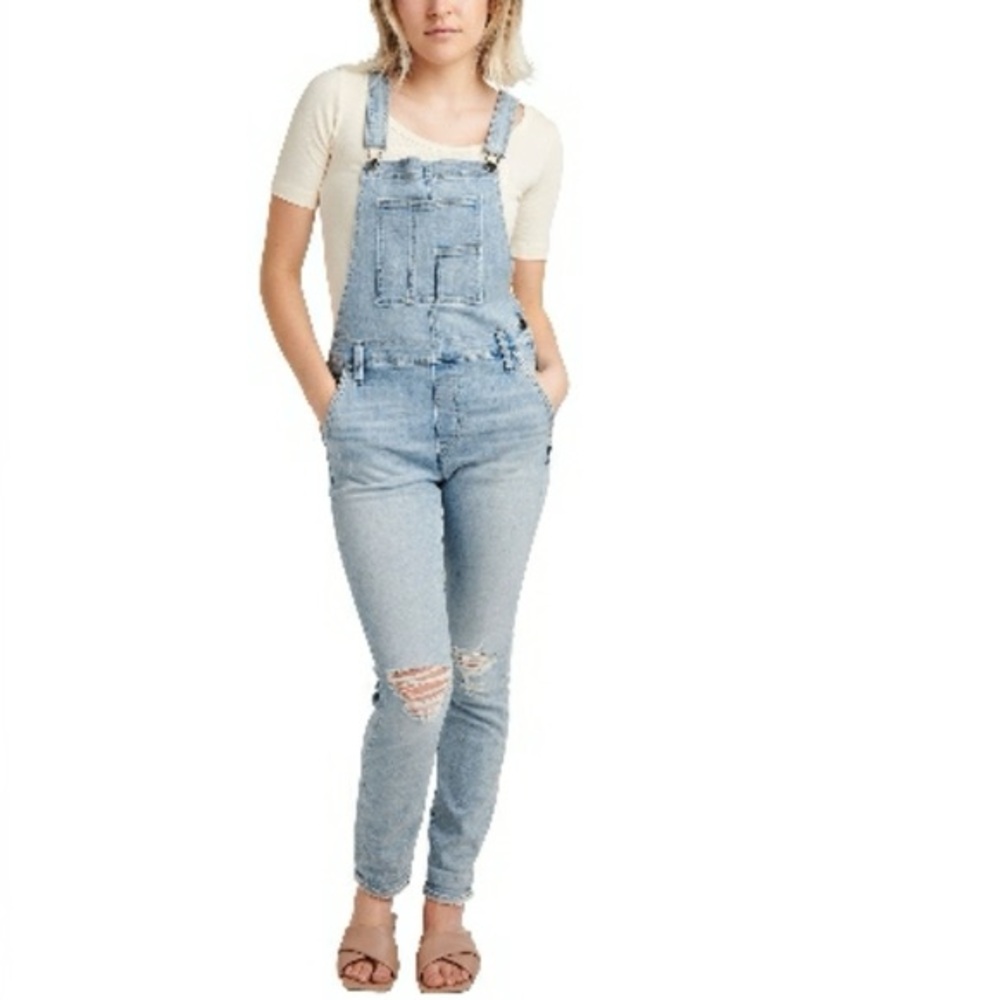 Silver Womens Skinny Leg Distressed Jean Overalls Light Wash Sz M
